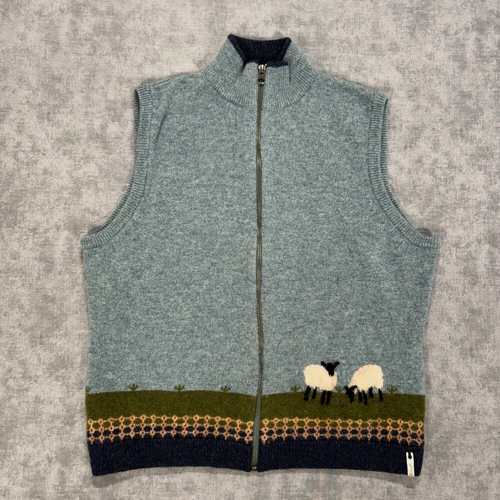 VTG Woolrich Lambswool Sheep scenic knit full zip sweater vest cottage wms L